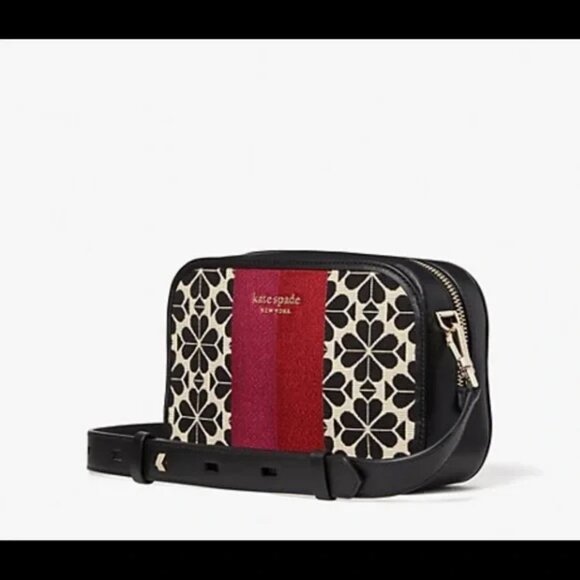 NWT Spade Flower Jacquard Stripe Medium Camera Bag Black, Cream, Pink - So Cute! - Picture 2 of 5